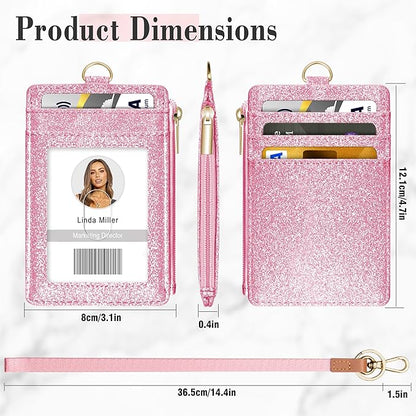 ID Badge Holder with Lanyard, Vertical Bling Shiny ID Badge Card Holder with 1 Clear ID Window, 4 Credit Card Slots, 1 Cash Coin Slot and a Detachable Neck Lanyard (Bling Pink)
