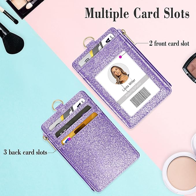 ID Badge Holder with Lanyard, Vertical Bling Shiny ID Badge Card Holder with 1 Clear ID Window, 4 Credit Card Slots, 1 Cash Coin Slot and a Detachable Neck Lanyard (Bling Purple)