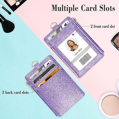 ID Badge Holder with Lanyard, Vertical Bling Shiny ID Badge Card Holder with 1 Clear ID Window, 4 Credit Card Slots, 1 Cash Coin Slot and a Detachable Neck Lanyard (Bling Purple)