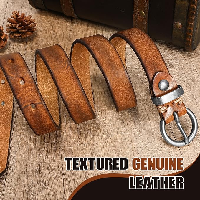 SANSTHS Womens Genuine Leather Belts for Jeans Pants Trendy Vintage Thin Leather Belt Gold Buckle Ladies Skinny Waist Belt