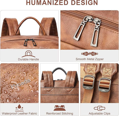 Leather Laptop Backpack for Women 15.6 Inch Laptop Travel Backpack Purse Casual Daypack with Laptop Compartment for College Work Nurse Business Weekender, Brown