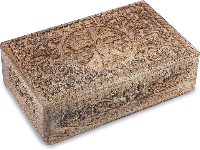 Ajuny Wooden Jewelry Box Tree of Life Carvings Travel Trinket Holder Storage Case Handmade Treasure Box Keepsake 8x5 Inch Multipurpose Organizer Unique Gifts for Men & Women