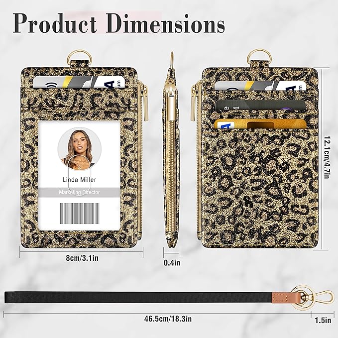 ID Badge Holder with Lanyard, Vertical Bling Shiny ID Badge Card Holder with 1 Clear ID Window, 4 Credit Card Slots, 1 Cash Coin Slot and a Detachable Neck Lanyard (Bling Leopard)