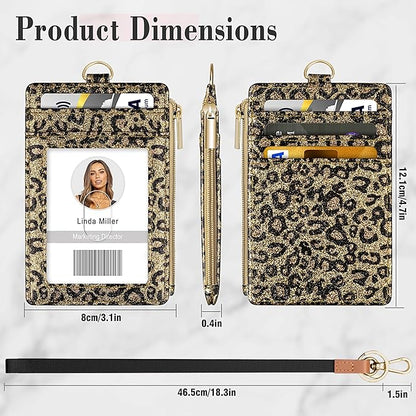 ID Badge Holder with Lanyard, Vertical Bling Shiny ID Badge Card Holder with 1 Clear ID Window, 4 Credit Card Slots, 1 Cash Coin Slot and a Detachable Neck Lanyard (Bling Leopard)