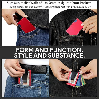Minimalist Carbon Fiber Wallet for Men, Money Clip Cash Strap Wallet, RFID Blocking Metal Wallet Aluminum Card Holder,Front Pocket Wallet(Matte Red)