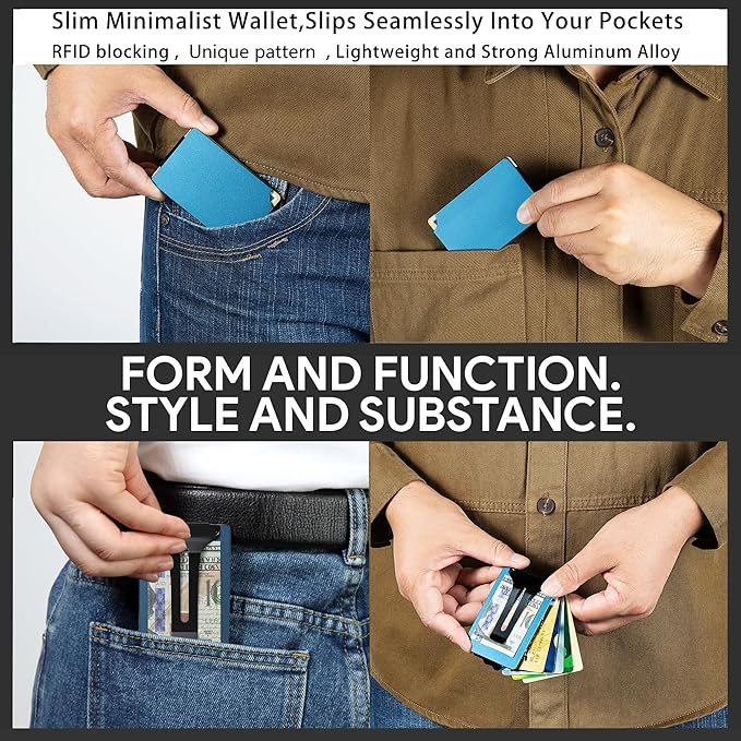 Minimalist Carbon Fiber Wallet for Men, Money Clip Cash Strap Wallet, RFID Blocking Metal Wallet Aluminum Card Holder,Front Pocket Wallet(Matte Blue)