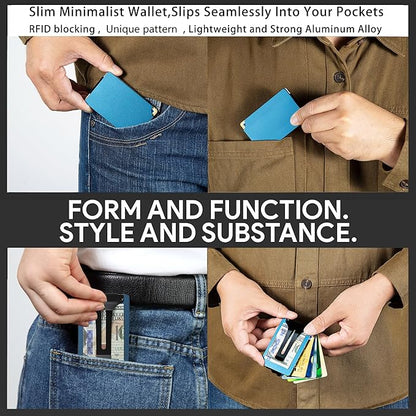Minimalist Carbon Fiber Wallet for Men, Money Clip Cash Strap Wallet, RFID Blocking Metal Wallet Aluminum Card Holder,Front Pocket Wallet(Matte Blue)