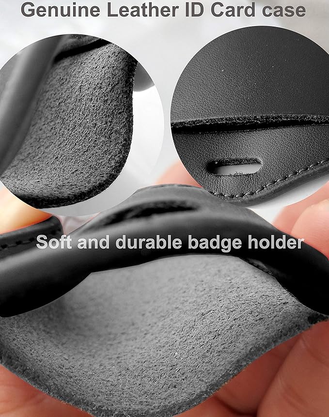 ID Card Case + Heavy Duty Lanyard (Black) + Badge Holder Retractable Reel Carabiner and Plastic Clip (Genuine Leather)