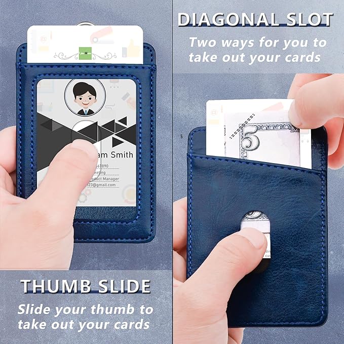 PU Leather ID Badge Holder, Life-Mate ID Badge Holder with 2 Thumb Slide Slots 1 Diagonal Slots Nylon Lanyard for ID Credit Card Business Card in Blue (1 Pack)