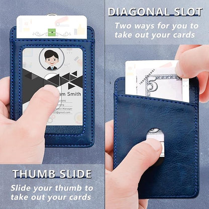 PU Leather ID Badge Holder, Life-Mate ID Badge Holder with 2 Thumb Slide Slots 1 Diagonal Slots Nylon Lanyard for ID Credit Card Business Card in Blue (1 Pack)