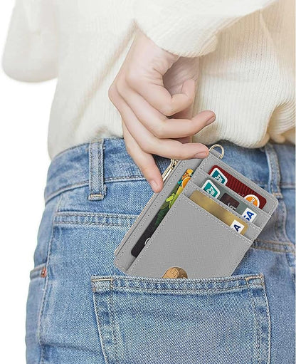 Suweibuke Slim Pocket Wallet, RFID Blocking Credit Card Holder Wallet with D-Shackle ID Window and Detachable keychain for Women (A-Grey)