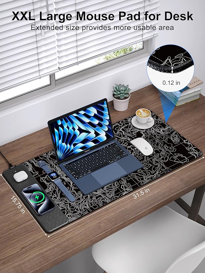 TopMade Mouse Pad with 15W Fast Wireless Charging, 31.5"x15.75" XXL Large Gaming Waterproof Desk Pad, Computer Desk Mat, Black Topographic Map #3 (Includes 20W PD Power Adapter & 6.56ft Woven Cable)