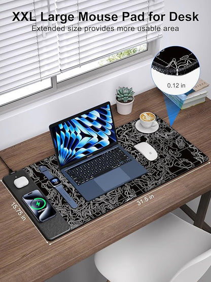 TopMade Mouse Pad with 15W Fast Wireless Charging, 31.5"x15.75" XXL Large Gaming Waterproof Desk Pad, Computer Desk Mat, Black Topographic Map #3 (Includes 20W PD Power Adapter & 6.56ft Woven Cable)