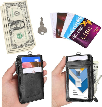 Badge Holder with Zipper, Wisdompro School Supply 2-Sided PU Leather College ID Badge Holder with 1 ID Window, 4 Card Holder Slots, 1 Side Pocket and 20 Inch Leather Neck Strap Lanyard -Vertical Black