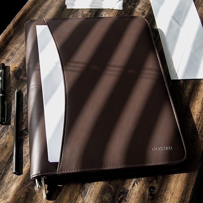 Cossini Premium Business Portfolio with Zipper – Padfolio - Superior Business Impressions Begin with PU Vegan Leather, 10.1 Inch Tablet Sleeve, Smart Storage, Solar Calculator, Writing Pad -Brown