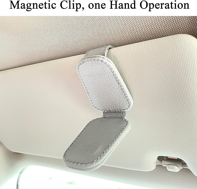 KIWEN Sunglasses Holders for Car Visor, Magnetic Leather Glasses Eyeglass Clip for Car, Ticket Card Clip Sunglasses Mount, Car Visor Accessories Gadgets (1, Grey)