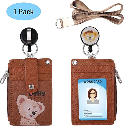 【2025 Latest】Cute ID Badge Holder Retractable Lanyard Reel Clip with Heavy Duty Carabiner, 5 Card Slots in 2 Sided with Key Ring and Zipper for Women Students Teens Girls Office Staff (Brown Duffy)