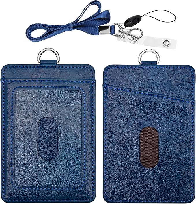 PU Leather ID Badge Holder, Life-Mate ID Badge Holder with 2 Thumb Slide Slots 1 Diagonal Slots Nylon Lanyard for ID Credit Card Business Card in Blue (1 Pack)