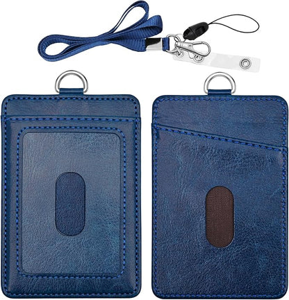 PU Leather ID Badge Holder, Life-Mate ID Badge Holder with 2 Thumb Slide Slots 1 Diagonal Slots Nylon Lanyard for ID Credit Card Business Card in Blue (1 Pack)