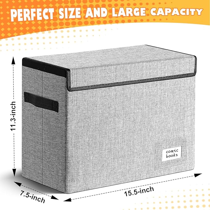 Leffis Comic Book Storage, Box 15.5" X 7.5" X 11.3", Collapsible Comic Short Box with Lids Holds 150 Comics Heavy Duty Comic Book Bin Container (2 pack, grey)