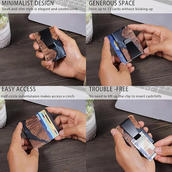 Minimalist Slim Wallet for Men,RFID Blocking Metal Wallet,Aluminum Credit Card Holder & Money Clip 12-15 Cards,Slim Rfid Front Pocket Mens Wallet,Resin Black