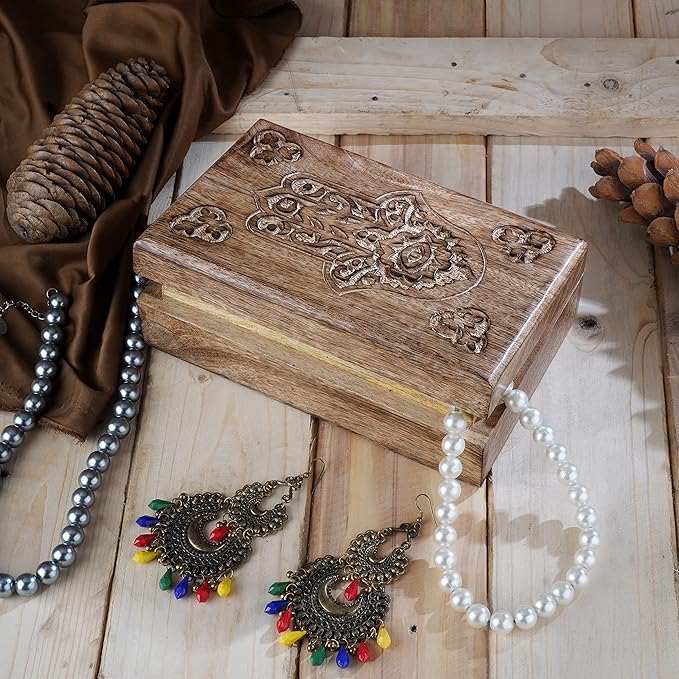 Ajuny Wooden Box with Hamsa Hand Carved Decorative Multipurpose Use Jewelry Organizer Travel Treasure Chest Trinket Holder Gift - 8 X 5 Inch