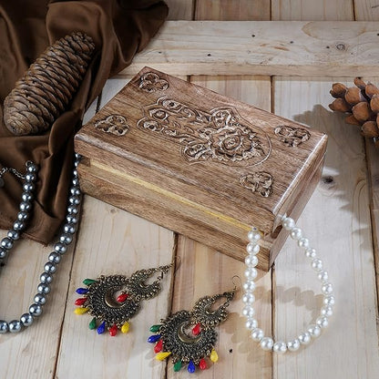 Ajuny Wooden Box with Hamsa Hand Carved Decorative Multipurpose Use Jewelry Organizer Travel Treasure Chest Trinket Holder Gift - 8 X 5 Inch
