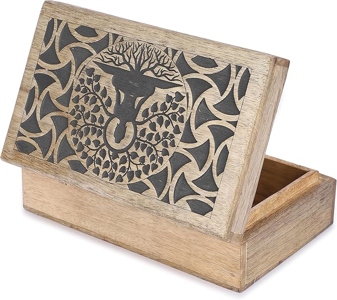 Ajuny Handmade Wooden Keepsake Box Buddha Tree Desgin Memory Box Vintage Decorative Jewelry Storage Treasure Chest Gift Idea for Men & Women (8x5 Inch)