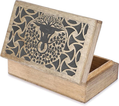 Ajuny Handmade Wooden Keepsake Box Buddha Tree Desgin Memory Box Vintage Decorative Jewelry Storage Treasure Chest Gift Idea for Men & Women (8x5 Inch)