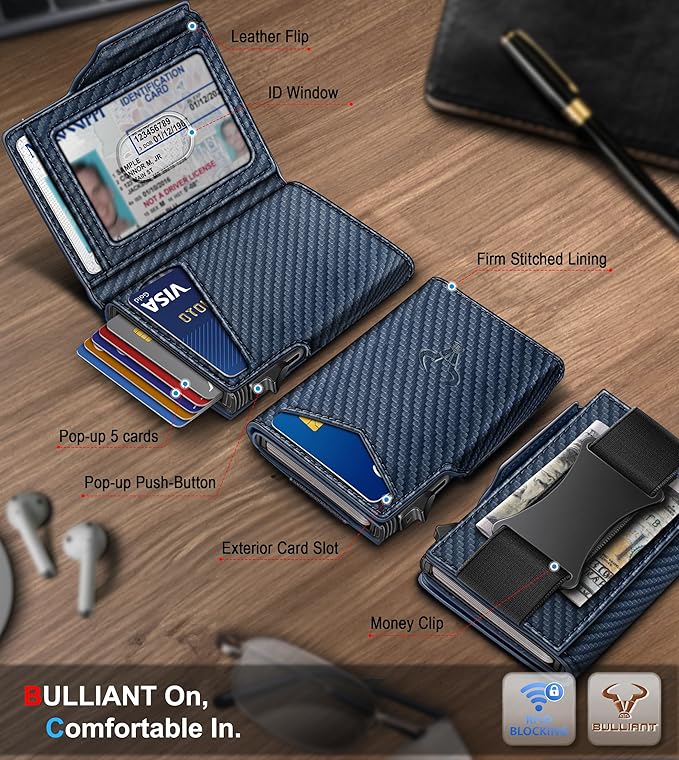 BULLIANT Men Wallet Gift Boxed,Slim Front Pocket Wallet Money Clip Card Holder 3.8"x2.7",Pop-up Access