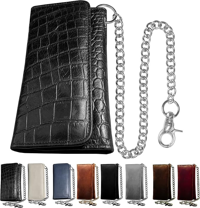 IBRO VINTAGE Motorcycle Chain Wallet for Men – Premium Cowhide Leather, RFID Tri-Fold Biker Wallet with Heavy Duty Chain for Bikers Truckers & Hunters, Credit Card Money Organizer Long Wallet | Long Trifold, RFID Blocking, Men's, Trucker Biker