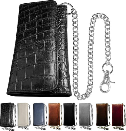 IBRO VINTAGE Motorcycle Chain Wallet for Men – Premium Cowhide Leather, RFID Tri-Fold Biker Wallet with Heavy Duty Chain for Bikers Truckers & Hunters, Credit Card Money Organizer Long Wallet | Long Trifold, RFID Blocking, Men's, Trucker Biker