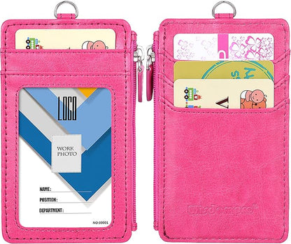 Badge Holder with Zip, Wisdompro Double Sided PU Leather ID Badge Card Holder Wallet Case with 5 Card Slots, 1 Side Zipper Pocket and 20 Inch Leather Neck Lanyard/Strap - Hot Pink (Vertical)