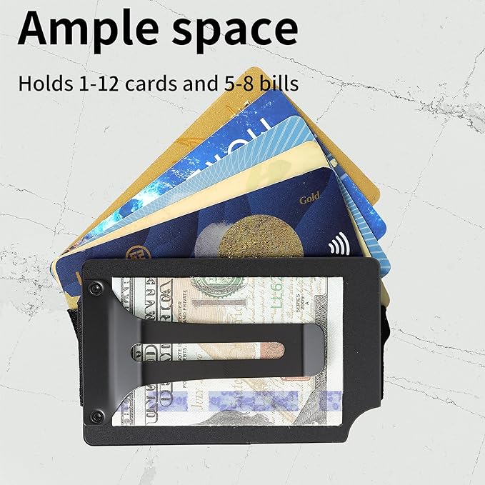 Minimalist Carbon Fiber Wallet for Men, Money Clip Cash Strap Wallet, RFID Blocking Metal Wallet Aluminum Card Holder,Front Pocket Wallet(Matte Black)