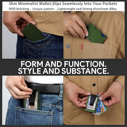 Minimalist Carbon Fiber Wallet for Men, Money Clip Cash Strap Wallet, RFID Blocking Metal Wallet Aluminum Card Holder,Front Pocket Wallet(Matte Green)