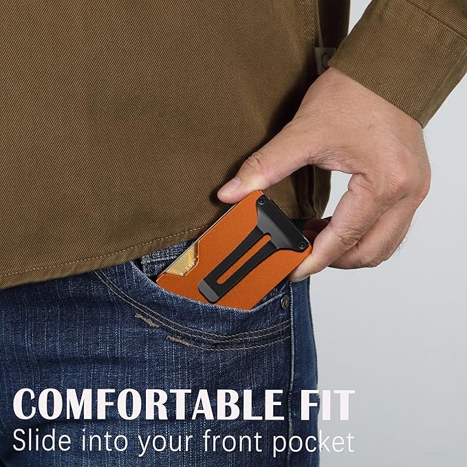 Minimalist Slim Wallet for Men,RFID Blocking Metal Wallet,Aluminum Credit Card Holder & Money Clip 12-15 Cards,Slim Rfid Front Pocket Mens Wallet, Matte Orange