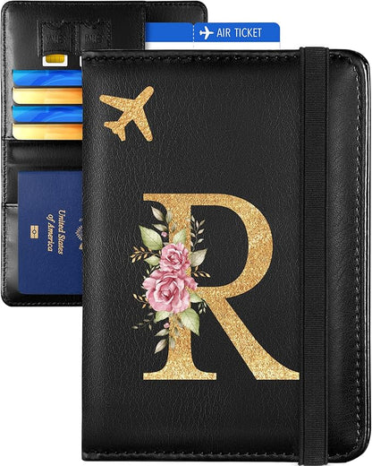 Slohif Initial Passport Holder Cover Wallet Case for Travel Women - Leather Letter Passport Book Family Multiple Personalized Organizer Slim Carrier Card Slots Protector Sleeve Essentials Black R