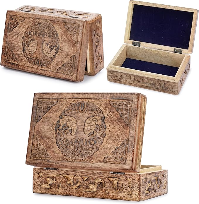 Ajuny Wooden Jewelry Box - Hand Carved Mango Wood Tree of Life Celtic Carving Decorative Multipurpose Keepsake Box, Treasure Chest Memory Box Organizer Travel Trinket Holder Case Gifts - 8x5 Inch