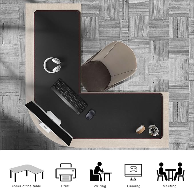 ZORESYN L-Shaped Gaming Desk Mat Mouse pad, Computer Corner Desk Pad, 47" Home Office Writing Desk Pad Protector, Large Waterproof PU Leather Corner Mousepad - Black, (120+120) x40cm