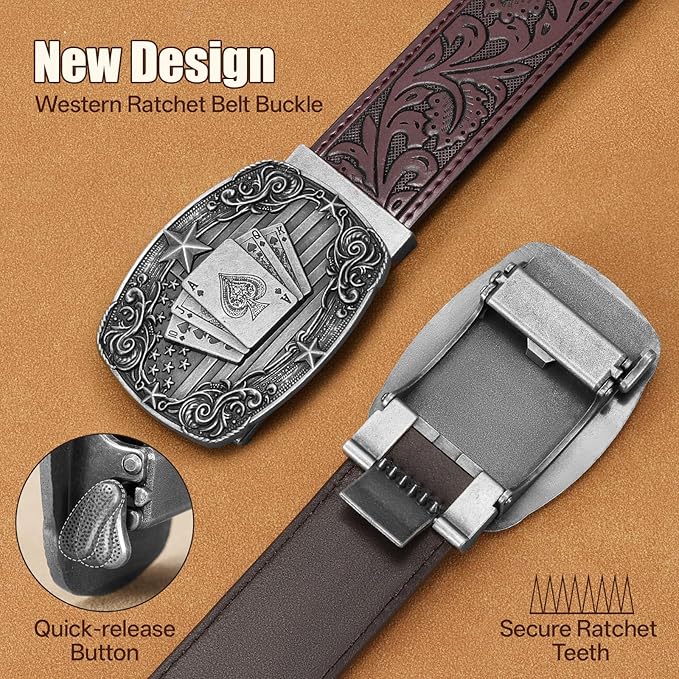 Cowboy Western Ratchet Belt for Men Women with Automatic Western Buckle, Ratchet Cowboy Leather Belt for Jeans Gifts