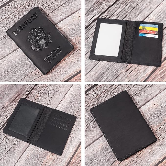 Genuine Leather Passport and Vaccine Card Holder Combo, RFID Blocking, Black, Unisex