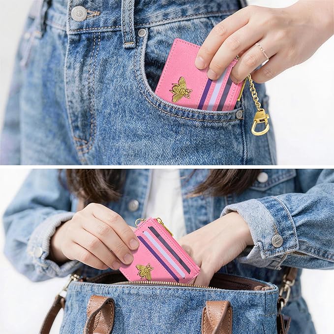 SEAVILIA Card Holder Keychain Wallet for Women with ID Window RFID Blocking Coin Purse Bee Gifts Slim Minimalist Small PU Leather
