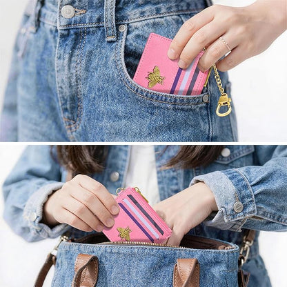 SEAVILIA Card Holder Keychain Wallet for Women with ID Window RFID Blocking Coin Purse Bee Gifts Slim Minimalist Small PU Leather