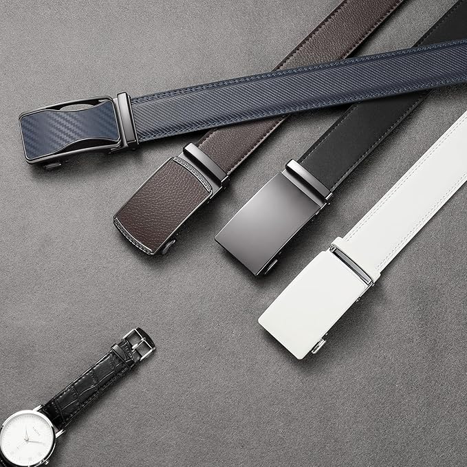 SENDEFN Men's Leather Belt Automatic Ratchet Buckle Slide Belt for Dress Casual Trim to Fit with Gift Box
