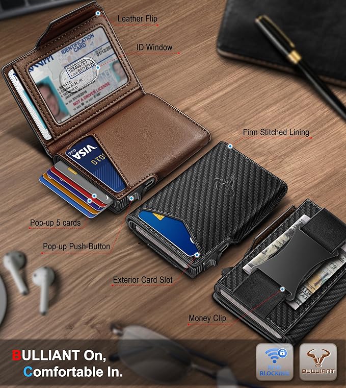 BULLIANT Men Wallet Gift Boxed,Slim Front Pocket Wallet Money Clip Card Holder 3.8"x2.7",Pop-up Access