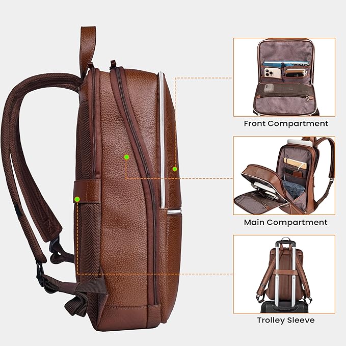 LEATHER VILLAGE Leather Laptop Backpack for Men | Cognac Brown | Slim Professional Business Bag Fits 15.6”-Laptop | Water-Repellent Work & Travel Daypack with Trolley Strap