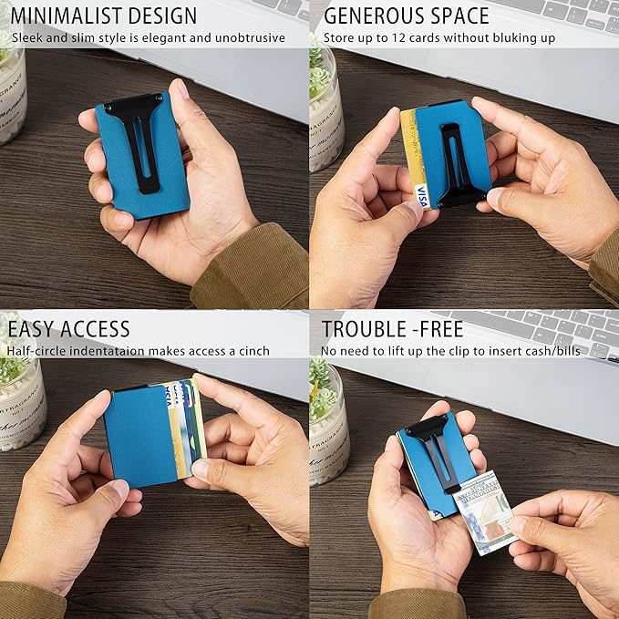 Minimalist Carbon Fiber Wallet for Men, Money Clip Cash Strap Wallet, RFID Blocking Metal Wallet Aluminum Card Holder,Front Pocket Wallet(Matte Blue)