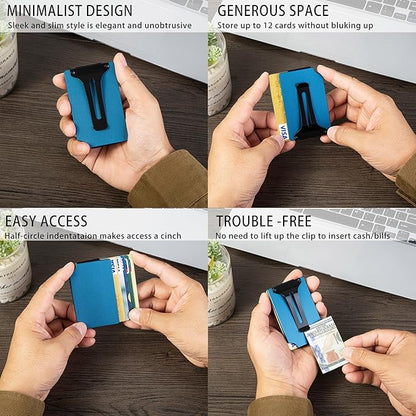 Minimalist Carbon Fiber Wallet for Men, Money Clip Cash Strap Wallet, RFID Blocking Metal Wallet Aluminum Card Holder,Front Pocket Wallet(Matte Blue)