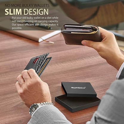 RUNBOX Slim Wallet for Men Genuine Leather RFID Blocking Bifold Minimalist Front Pocket Mens Wallet with Money Clip Thin Gift Box