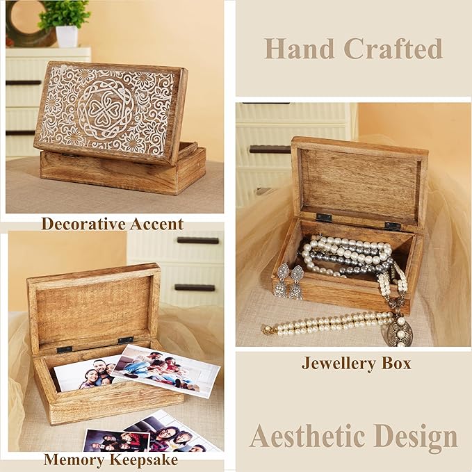 Ajuny Mango Wood Jewelry Box – Hand-Carved Celtic Knot Keepsake/Memory Box, Decorative Trinket & Treasure Chest Organizer, Handmade Gift for Women & Men, Travel Friendly, 8x5 Inch